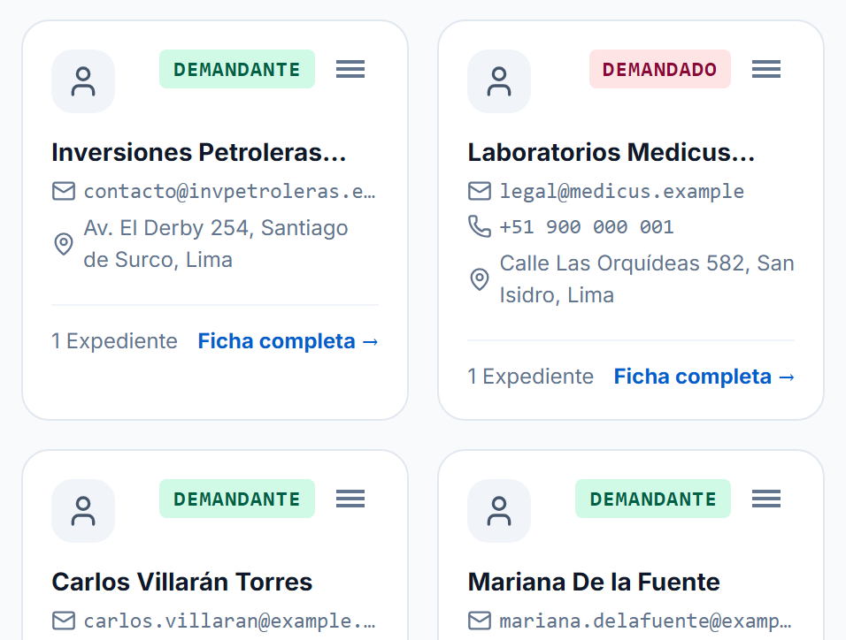 Fichas de clientes con su rol procesal, correo, dirección y número de expedientes.