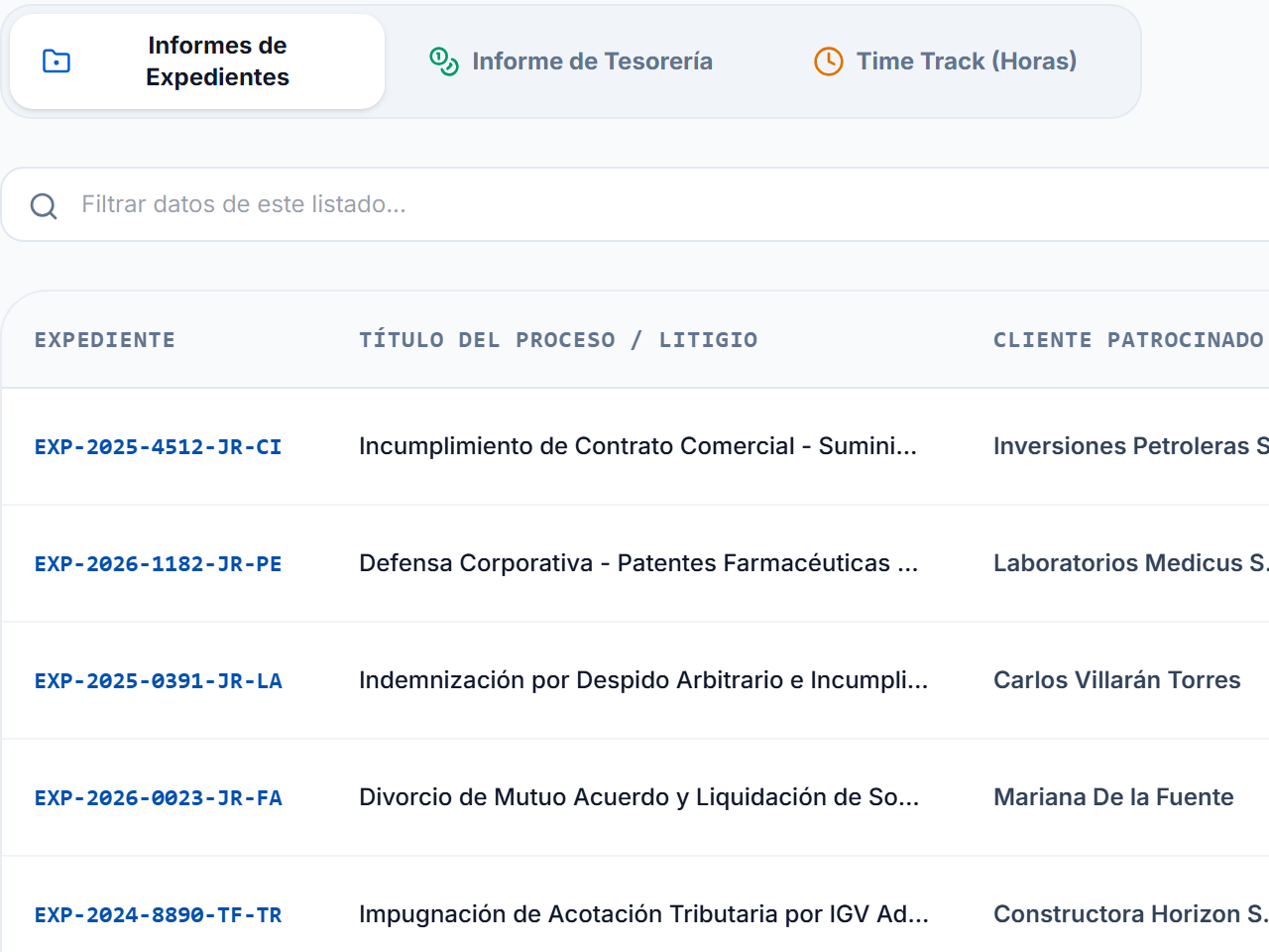 Centro de informes con pestañas de expedientes, tesorería y horas, y la lista de expedientes del estudio.